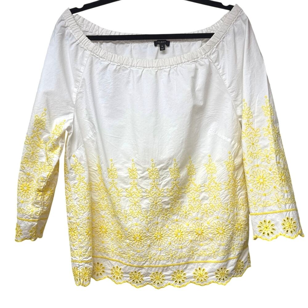 Talbots White Yellow Embroidered Eyelet Lace Blouse Sz Medium Scoop Neck Coastal